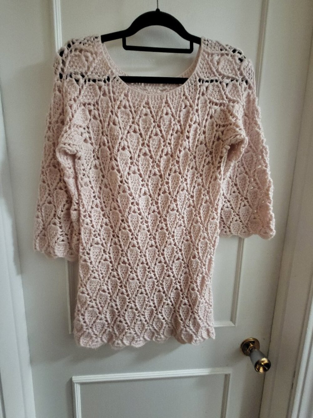 Vintage Handmade Crochet Lace Sweater - Pale Pink - Seamless Boho Tunic